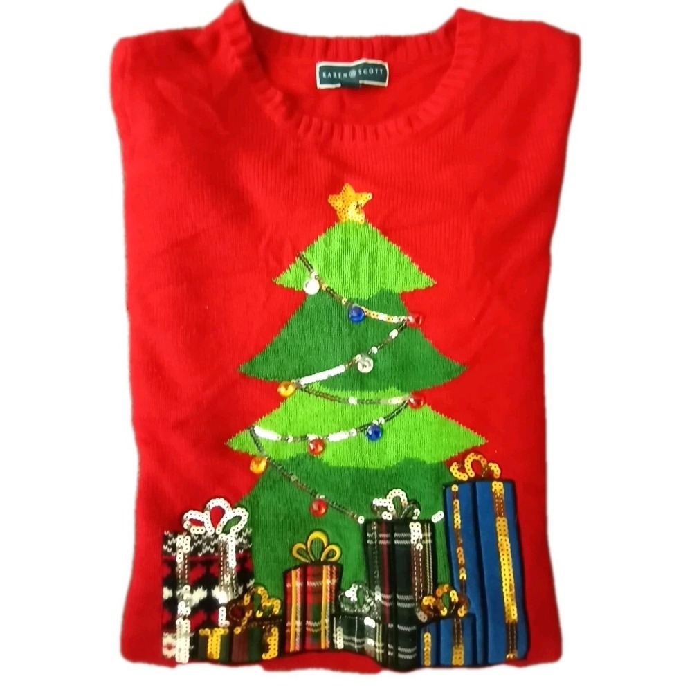 Karen Scott Sequin Holiday Christmas‎ Tree Long Sleeve Sweater Red Size Large